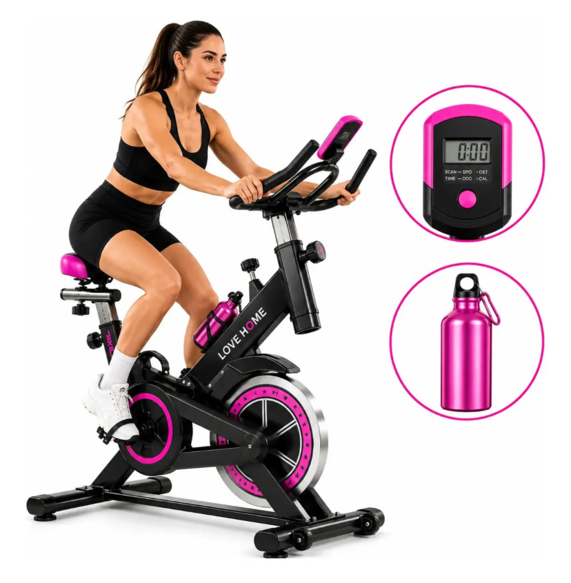 Bicicleta Ergométrica preta e rosa para exercícios em casa